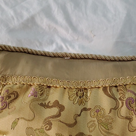 Embroidered silk accent pillow in tan, gold, light blue, pink, 15" square - Picture 12 of 12